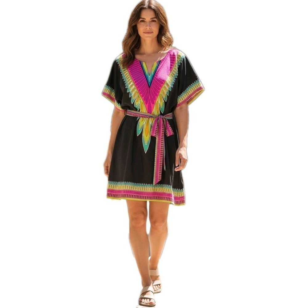 Trina Turk Plumas Neon Kaftan Dress Swim Cover Maximalist Resort Boho RTL $148